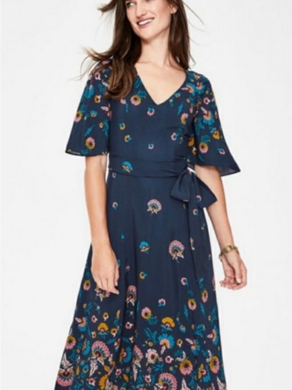 Boden Emilie Navy Floral Wrap Midi Dress size 12 Large - Picture 3 of 10